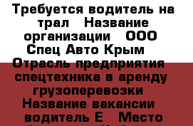 Требуется водитель на трал › Название организации ­ ООО “Спец-Авто Крым“ › Отрасль предприятия ­ спецтехника в аренду, грузоперевозки › Название вакансии ­ водитель Е › Место работы ­ ул. Кубанская, 18 - Крым, Симферополь Работа » Вакансии   